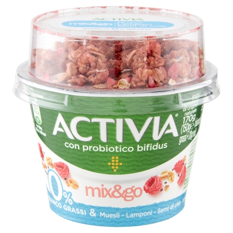 ACTIVIA Mix&Go con Probiotico Bifidus, 0% Grassi, Yogurt con Muesli, Lamponi e Semi di Chia 170g